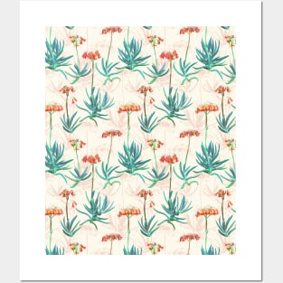 Flowering Succulent Pattern in Cream, Coral and Green Posters and Art